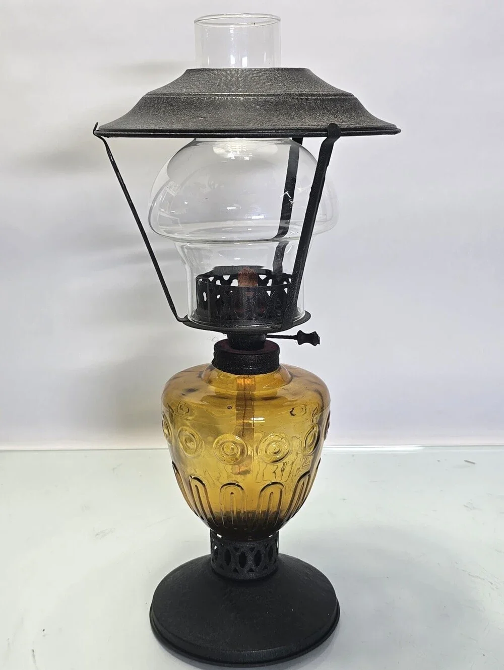 Vintage Amber Glass Hurricane Oil Lamp Metal Shade Pedestal Scalloped Chimney